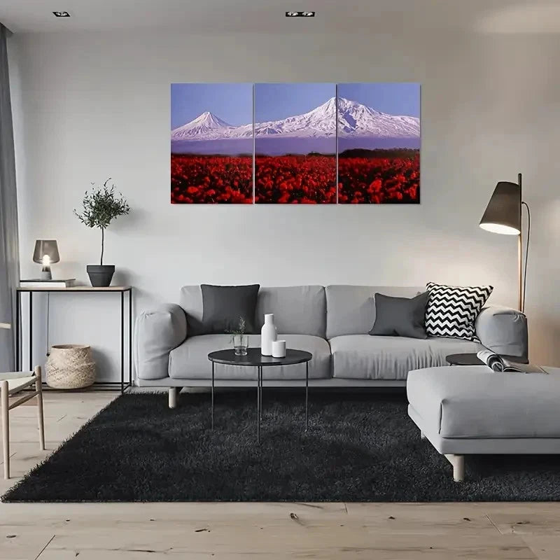 3pcs Snow Capped Mountain and Red Poppy Field Metal Print Ready to Hang Art