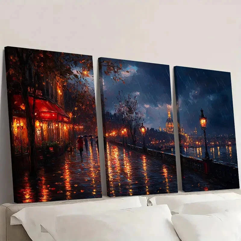 3pcs Rainy Evening Scene with Eiffel Tower Wall Art Set Canvas Framed 60x90cm - High Quality Print 100% Australian Made Wall Canvas Ready to Hang - Bella Home Decor