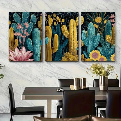 3pcs Disco Cactus Retro Funky Seamless Perfect Wall Art Set Canvas Framed 50x70cm - High Quality Print 100% Australian Made Wall Canvas Ready to Hang - Bella Home Decor
