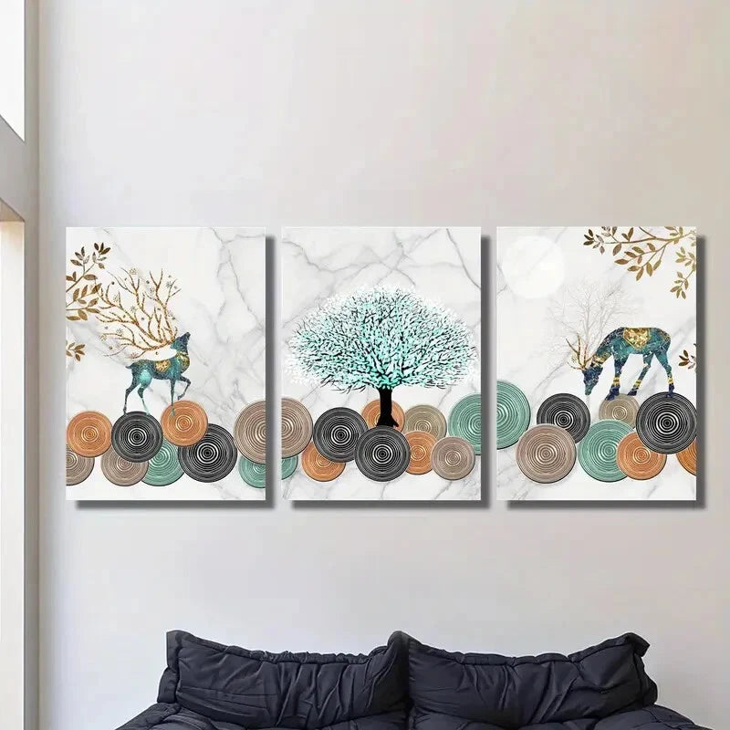 3pcs Deer and Ginkgo Leaf Tree Metal Print Ready to Hang Art - Bella Home Decor