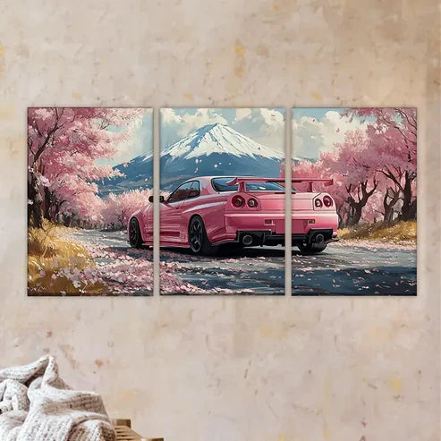 3pcs Featuring a Pink Vehicle, Artist Sketching Wall Art Set Canvas Unframed - High Quality Print 100% Australian Made Wall Canvas