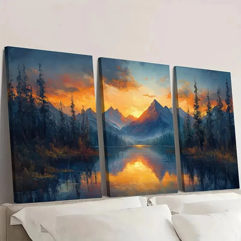 3pcs Twilight Mountain Land Sunset, Pine SP Wall Art Set Canvas Framed 40x60cm - High Quality Print 100% Australian Made Wall Canvas Ready to Hang - Bella Home Decor