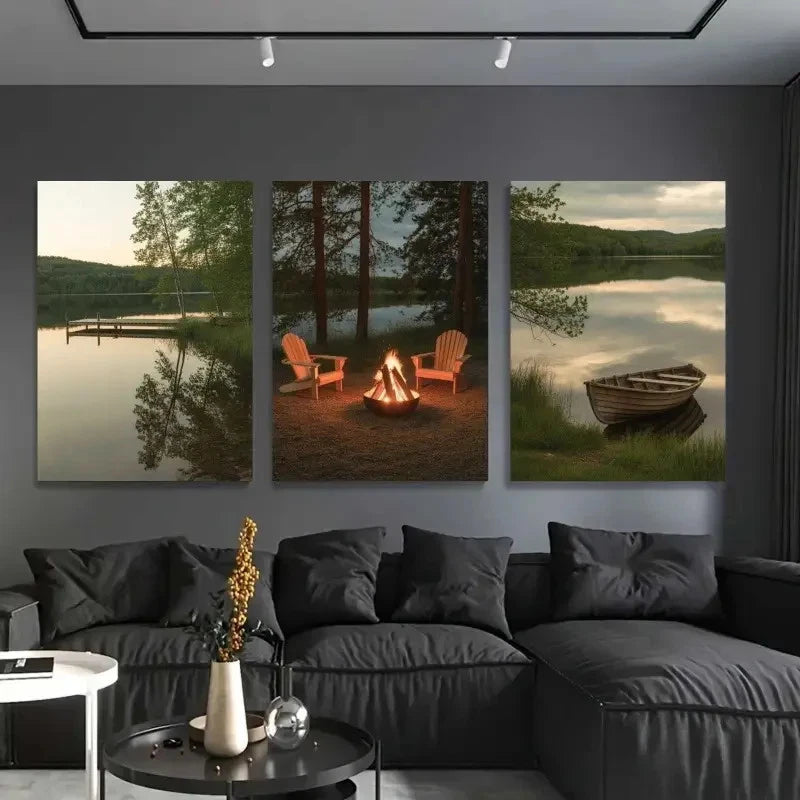 3pcs Serene Lake, Campfire & Pine Trees   Wall Art Set Canvas Framed 50x70cm - High Quality Print 100% Australian Made Wall Canvas Ready to Hang