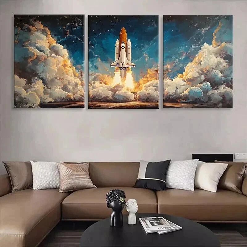 3pcs Space Shuttle Launch Vibrant Perfect Wall Art Set Canvas Framed 60x90cm - High Quality Print 100% Australian Made Wall Canvas Ready to Hang