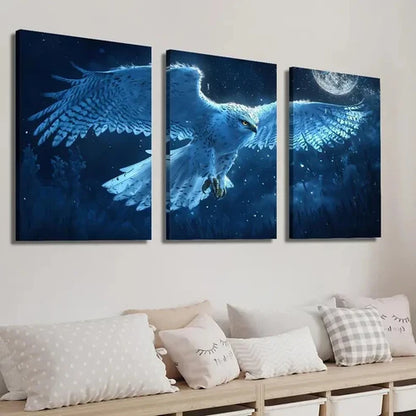 3pcs Majestic Snowy Owl in Moonlight Wall Art Set Canvas Unframed - High Quality Print 100% Australian Made Wall Canvas
