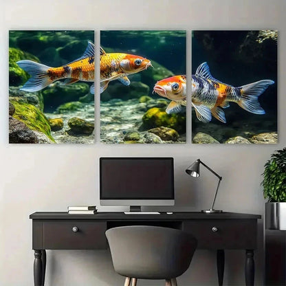 3pcs Vibrant Koi Carp Swimming Perfect Wall Art Set Canvas Framed 50x70cm - High Quality Print 100% Australian Made Wall Canvas Ready to Hang