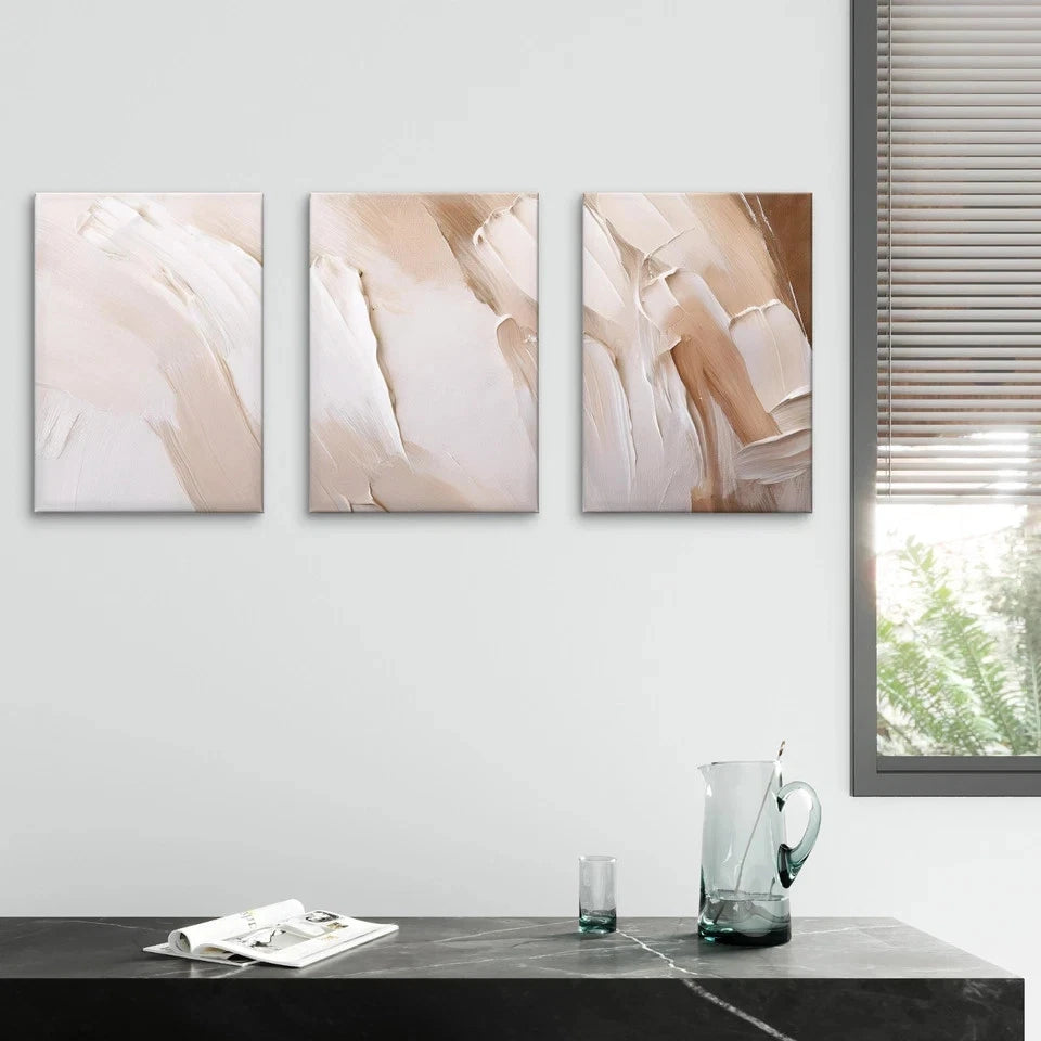 3pcs Modern Minimalist Beige and White Textured Wall Art Set Canvas Framed 60x90cm - High Quality Print 100% Australian Made Wall Canvas Ready to Hang