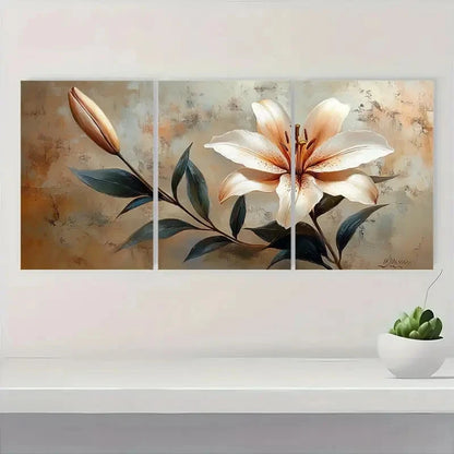 3pcs White Lily Art Beige Painting Print D     Wall Art Set Canvas Framed 60x90cm - High Quality Print 100% Australian Made Wall Canvas Ready to Hang