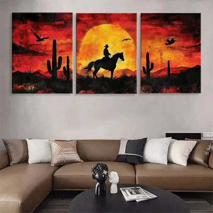 3pcs Western Cowboy Sunset Horse Rider  Art Set Canvas Unframed - High Quality Print 100% Australian Made Wall Canvas