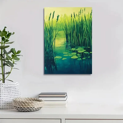 Serene Green Aquatic Grass Meadow with Lilies 40x60cm Metal Print Ready to Hang - Bella Home Decor