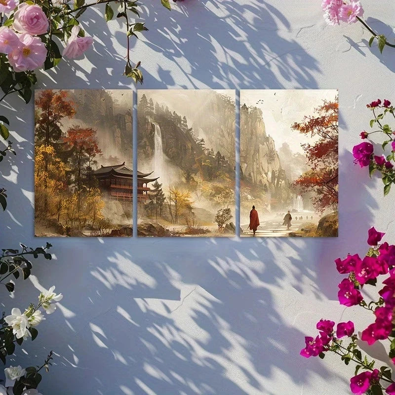 3pcs Traditional Chinese Landscape Metal Print Ready to Hang Art