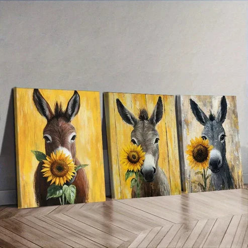 3 PCS An Adorable Donkey Adorned With A Sunflower Wall Art Set Canvas Unframed - High Quality Print 100% Australian Made Wall Canvas
