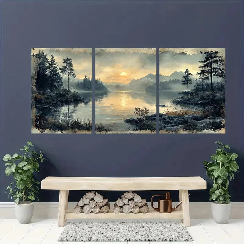 3pcs Serene Sunset by the Lake Landscape Scene Metal Print Ready to Hang Art - Bella Home Decor