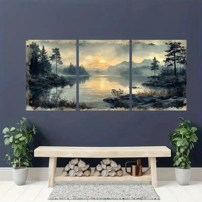 3pcs Serene Sunset by the Lake Landscape Scene Metal Print Ready to Hang Art - Bella Home Decor