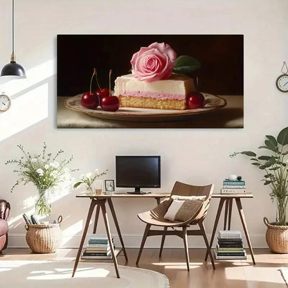 Rose & Cake Cherries Vintage Wall Art Canvas Office Home Room Framed 120x60cm - Bella Home Decor