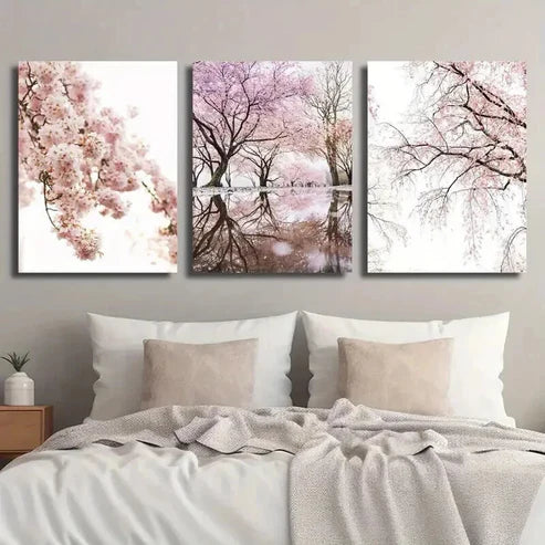 3pcs Sakura Tree Flower Reflection on Water Wall Art Set Canvas Unframed - High Quality Print 100% Australian Made Wall Canvas