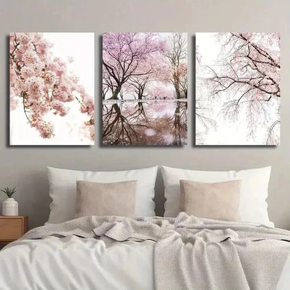 3pcs Sakura Tree Flower Reflection on Water Wall Art Set Canvas Unframed - High Quality Print 100% Australian Made Wall Canvas