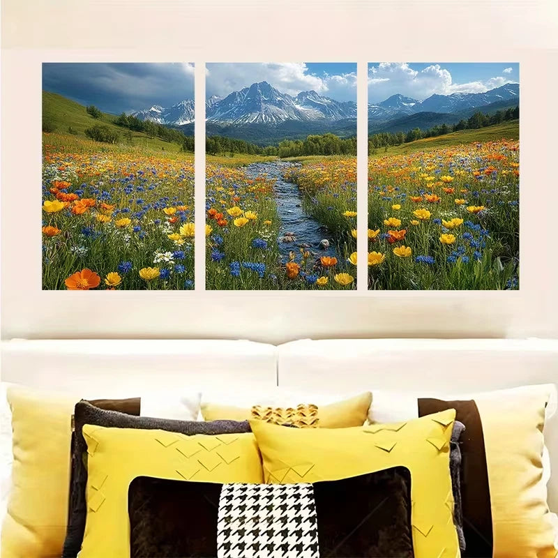 3pcs Vibrant Spring Landscape with River & Moun  Wall Art Set Canvas Framed 50x70cm - High Quality Print 100% Australian Made Wall Canvas Ready to Hang - Bella Home Decor
