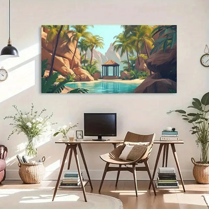 Gazebo And Palm Trees Scene Wall Art Canvas Office Home Room Framed 120x60cm - Bella Home Decor