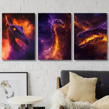 3pcs Jurassic Dinosaur with Vibrant Flame Wall Art Canvas Unframed - High Quality Print 100% Australian Made Wall Canvas