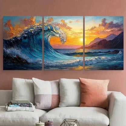 3pcs Ocean Wave Bright Textured Sunset Perfect Wall Art Set Canvas Framed 50x70cm - High Quality Print 100% Australian Made Wall Canvas Ready to Hang - Bella Home Decor