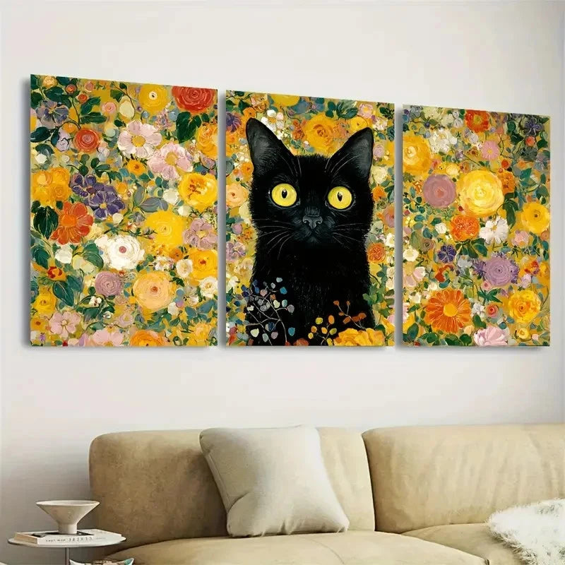 3pcs Gustav Klimt Inspired Garden Cat Wall Art Set Canvas Framed 50x70cm - High Quality Print 100% Australian Made Wall Canvas Ready to Hang - Bella Home Decor