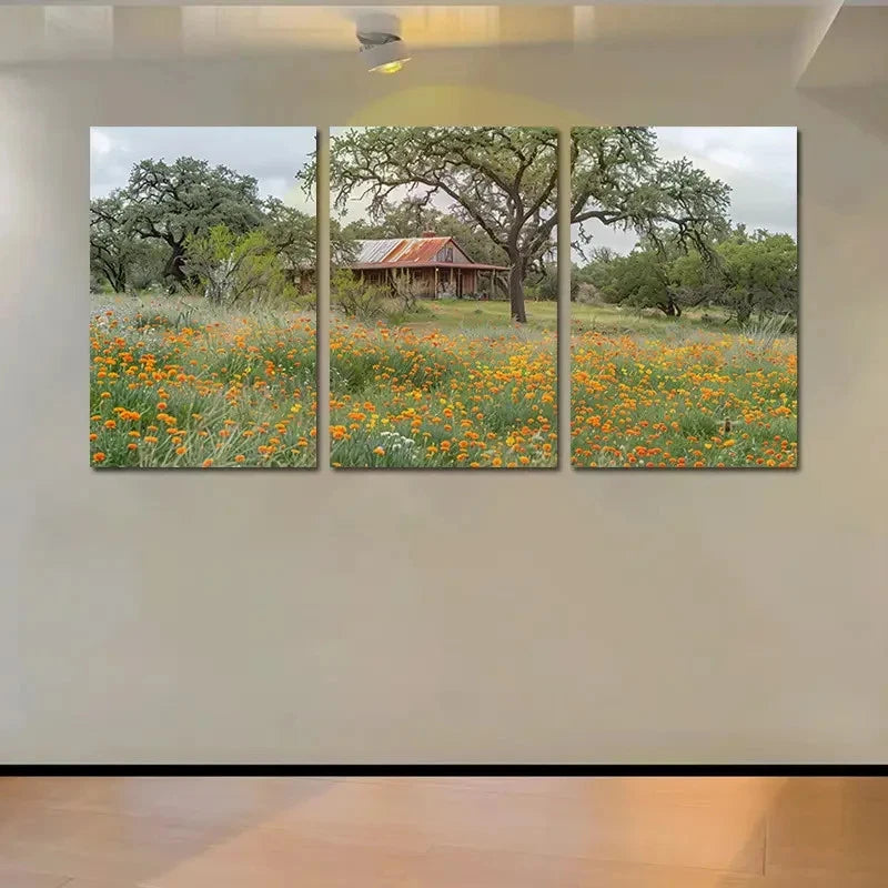 3pcs A Rustic Cabin In A Field Of Wildflowers  Wall Art Set Canvas Framed 60x90cm - High Quality Print 100% Australian Made Wall Canvas Ready to Hang - Bella Home Decor