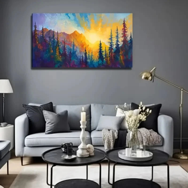 Modern Vibrant Sunset Forest Wall Art Canvas Office Home Room Framed 120x60cm