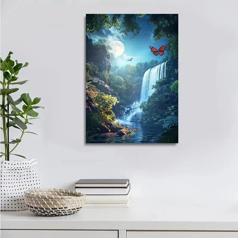 Beautiful Forest & Butterfly Moonlit Nature Painting 40x60cm Metal Print Ready to Hang - Bella Home Decor