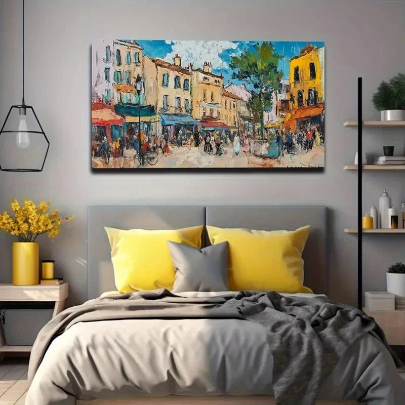 Vibrant Parisian Street Scene Wall Art Canvas Office Home Room Framed 120x60cm