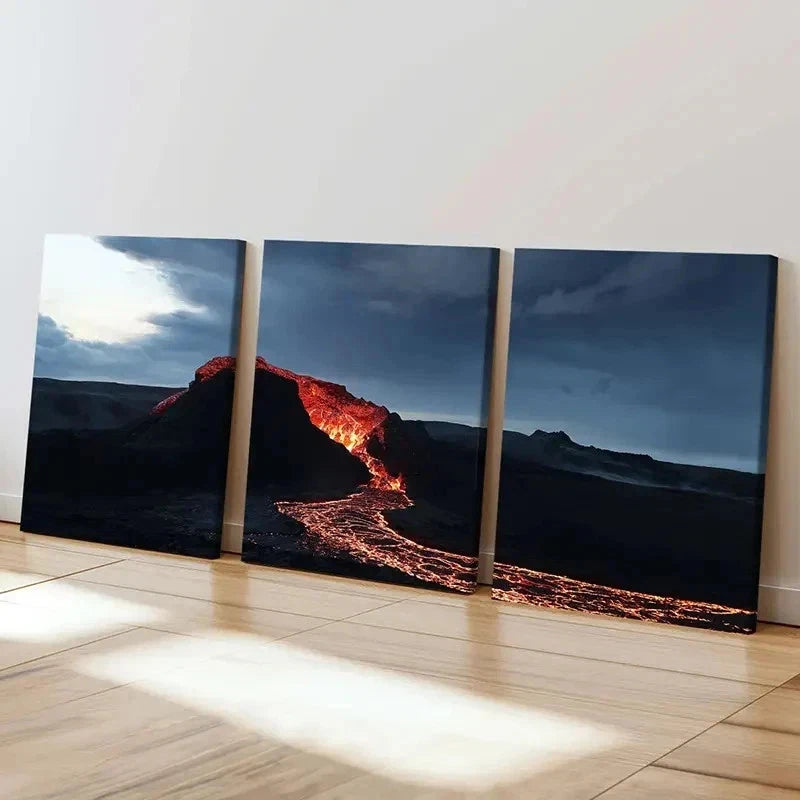 3pcs Dramatic Volcano & Lava Landscape Wall Art Set Canvas Framed 50x70cm - High Quality Print 100% Australian Made Wall Canvas Ready to Hang - Bella Home Decor