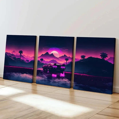 3pcs Vibrant Vaporwave & Cyberpunk Car Wall Art Set Canvas Framed 60x90cm - High Quality Print 100% Australian Made Wall Canvas Ready to Hang