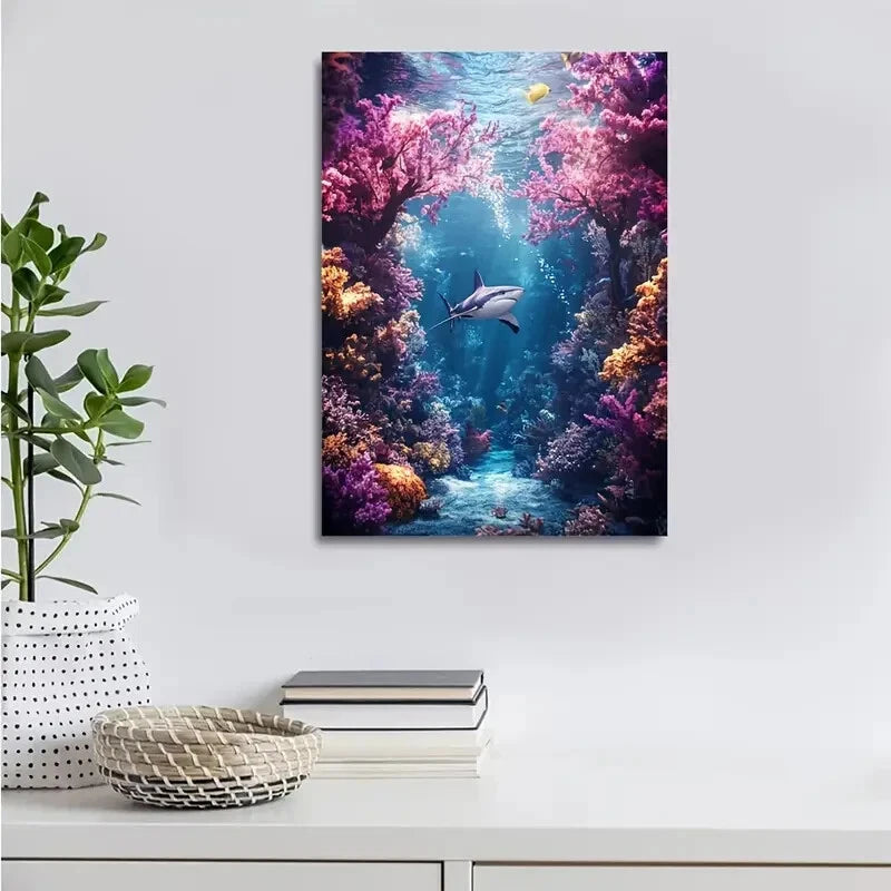 Beautiful Vibrant Underwater Shark & Coral Painting 40x60cm Metal Print Ready to Hang - Bella Home Decor
