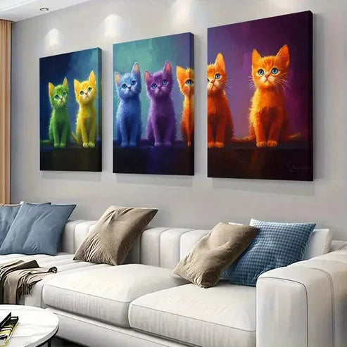 3 PCS Cute Rainbow Kitten With Big Bright Eyes Wall Art Set Canvas Unframed - High Quality Print 100% Australian Made Wall Canvas
