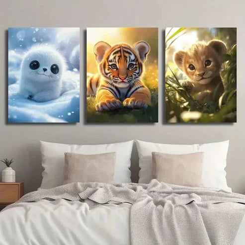 3pcs Snowy Tiger Snowy Tiger & Lion Cub on Grass Wall Art Set Canvas Unframed - High Quality Print 100% Australian Made Wall Canvas