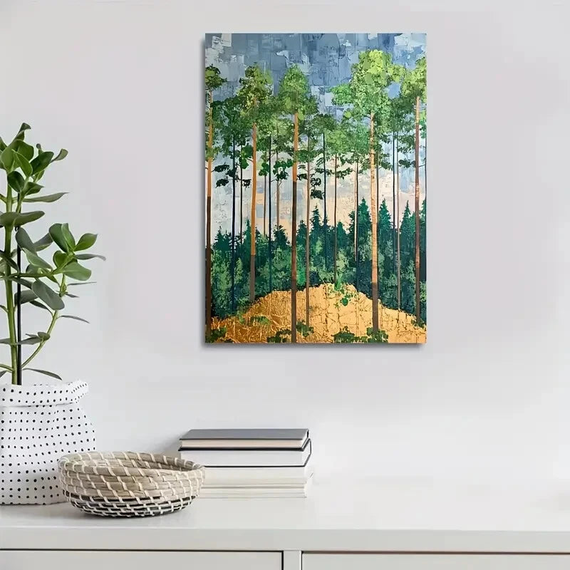Trees & Sunlit Canopy Forest Painting 40x60cm Metal Print Ready to Hang - Bella Home Decor