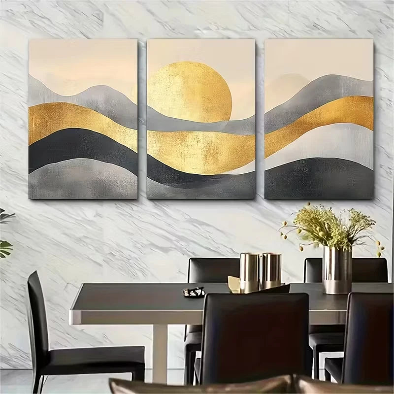 3pcs , Beige Grey Golden Minimalist Metal Print Ready to Hang Art - Bella Home Decor