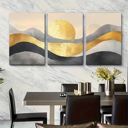 3pcs , Beige Grey Golden Minimalist Metal Print Ready to Hang Art - Bella Home Decor