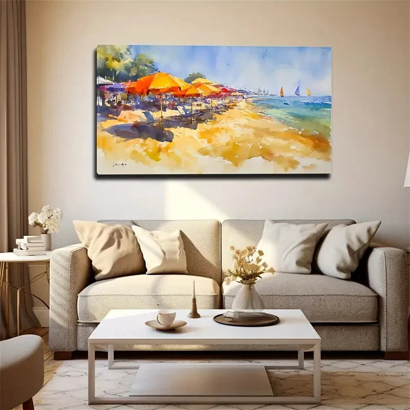 Vibrant Beach Umbrellas Neatly Wall Art Canvas Office Home Room Framed 120x60cm