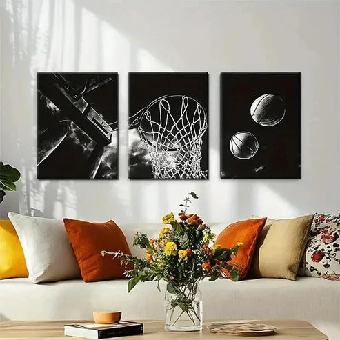 3pcs Black and White Basketball Sports Wall Art Canvas Unframed - High Quality Print 100% Australian Made Wall Canvas - Bella Home Decor