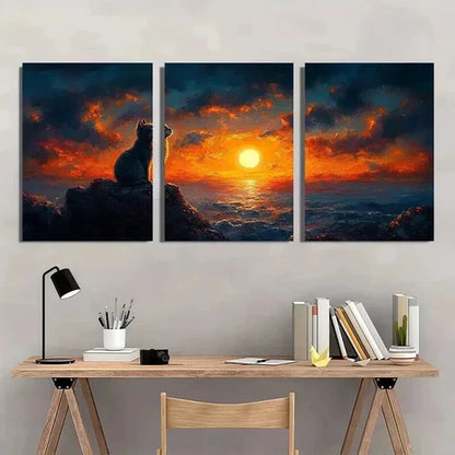 3pcs Sunset Ocean Scene with Black Cat Wall Art Canvas Unframed - High Quality Print 100% Australian Made Wall Canvas