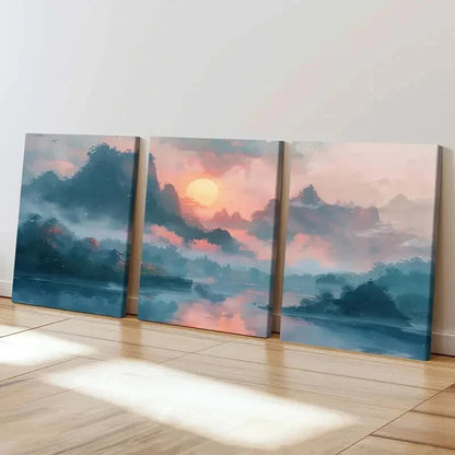 3pcs Sunrise Vintage Chinese Landscape Wall Art Set Canvas Framed 50x70cm - High Quality Print 100% Australian Made Wall Canvas Ready to Hang - Bella Home Decor