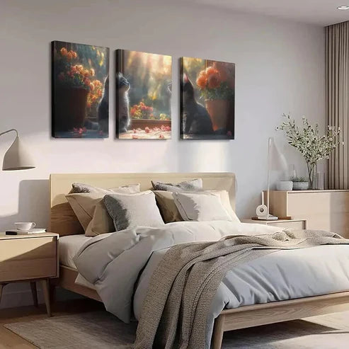 3pcs Serene Feline Next to an Open Window  Set Canvas Unframed - High Quality Print 100% Australian Made Wall Canvas