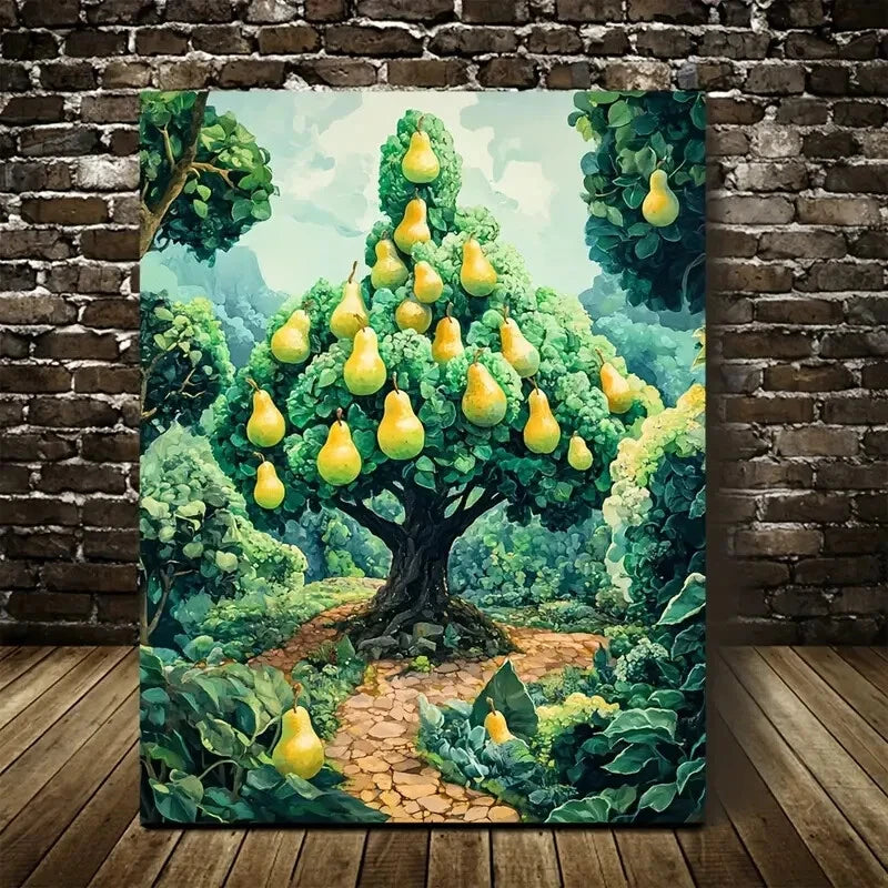 Vibrant Pear Tree Forest Foliage & Fruit Painting 40x60cm Metal Print Ready to Hang - Bella Home Decor