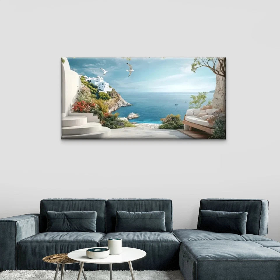 Serene Sea View White House Wall Art Canvas Office Home Room Framed 120x60cm