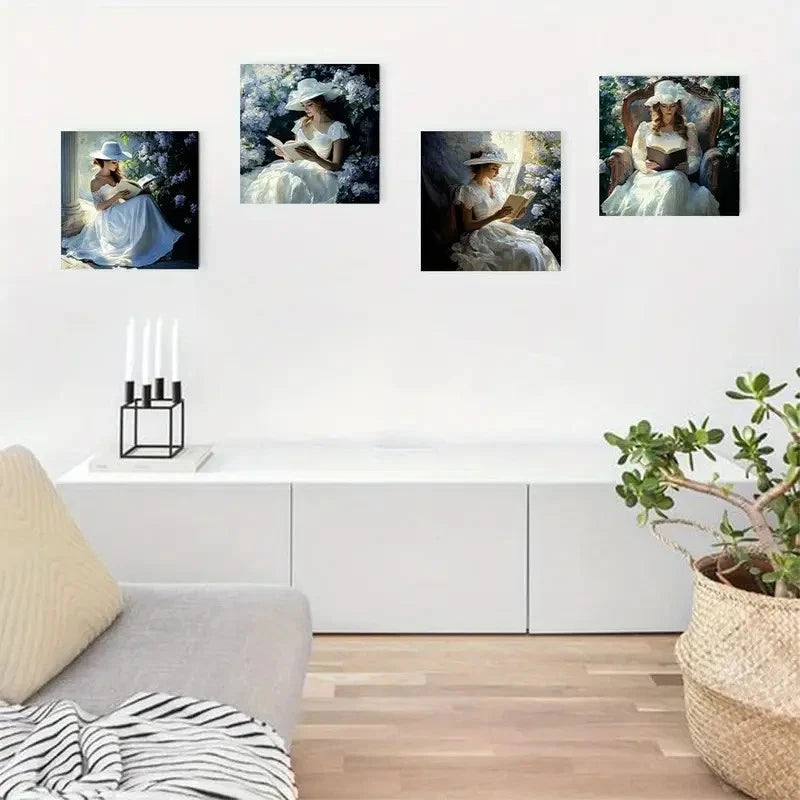 4pcs Victorian Elegant Woman Reading in Garden Wall Art Canvas Framed