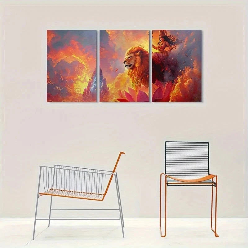 3pcs Holy Lioness Flames Fantasy Metal Print Ready to Hang Art