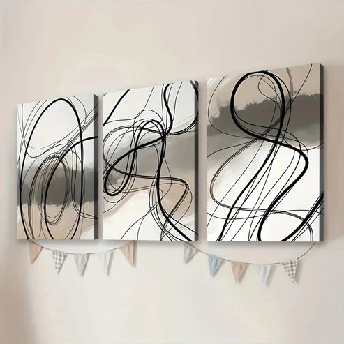 3pcs Black Swirls Gray Elegant Black Lines White Canvas Unframed - High Quality Print 100% Australian Made Wall Canvas - Bella Home Decor