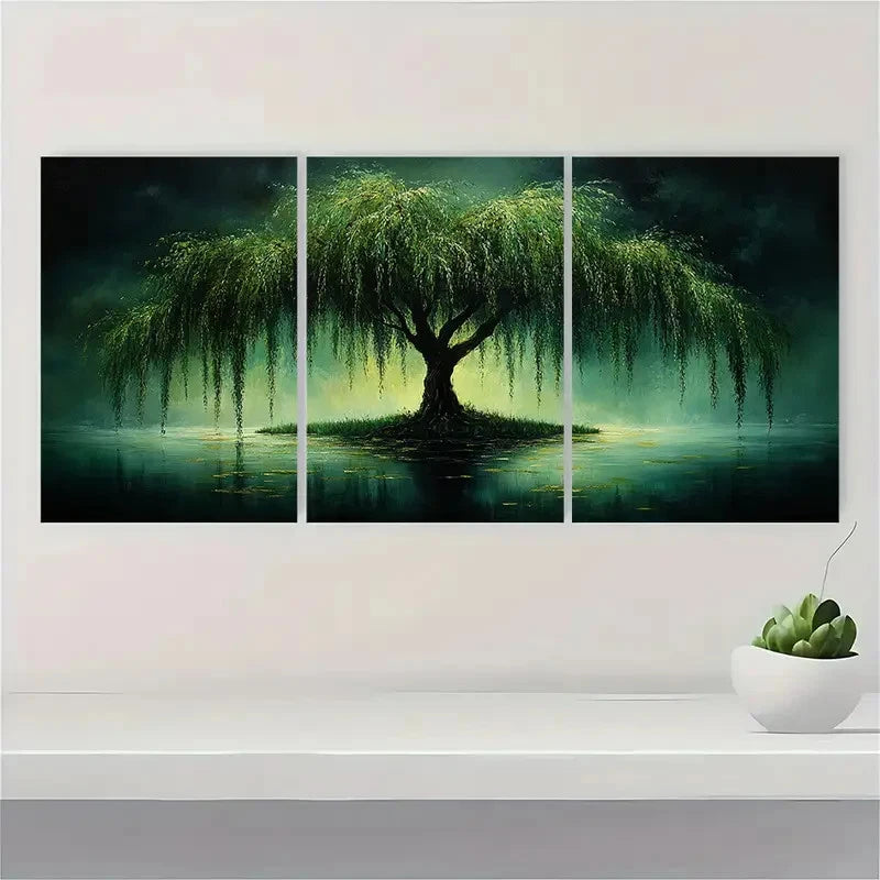 3pcs Weeping Willow Tree Art Moody Green Wall Art Set Canvas Framed 60x90cm - High Quality Print 100% Australian Made Wall Canvas Ready to Hang - Bella Home Decor