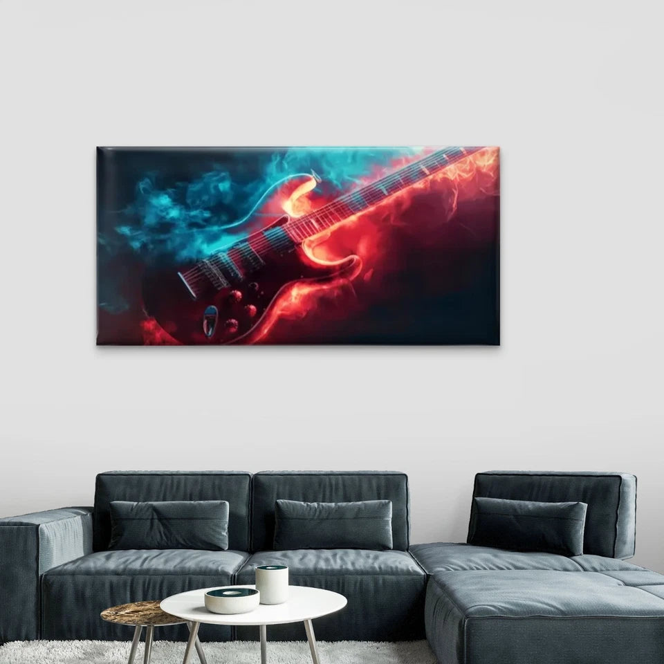 Guitar With Fire Abstract Wall Art Canvas Office Home Room Framed 120x60cm